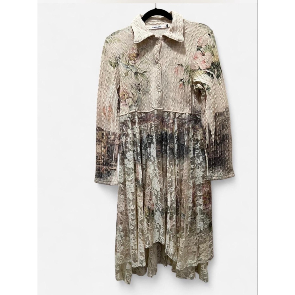 Origami by Vivien Dress Womens S/ M Ivory Floral Lace Long Sleeve Button Boho